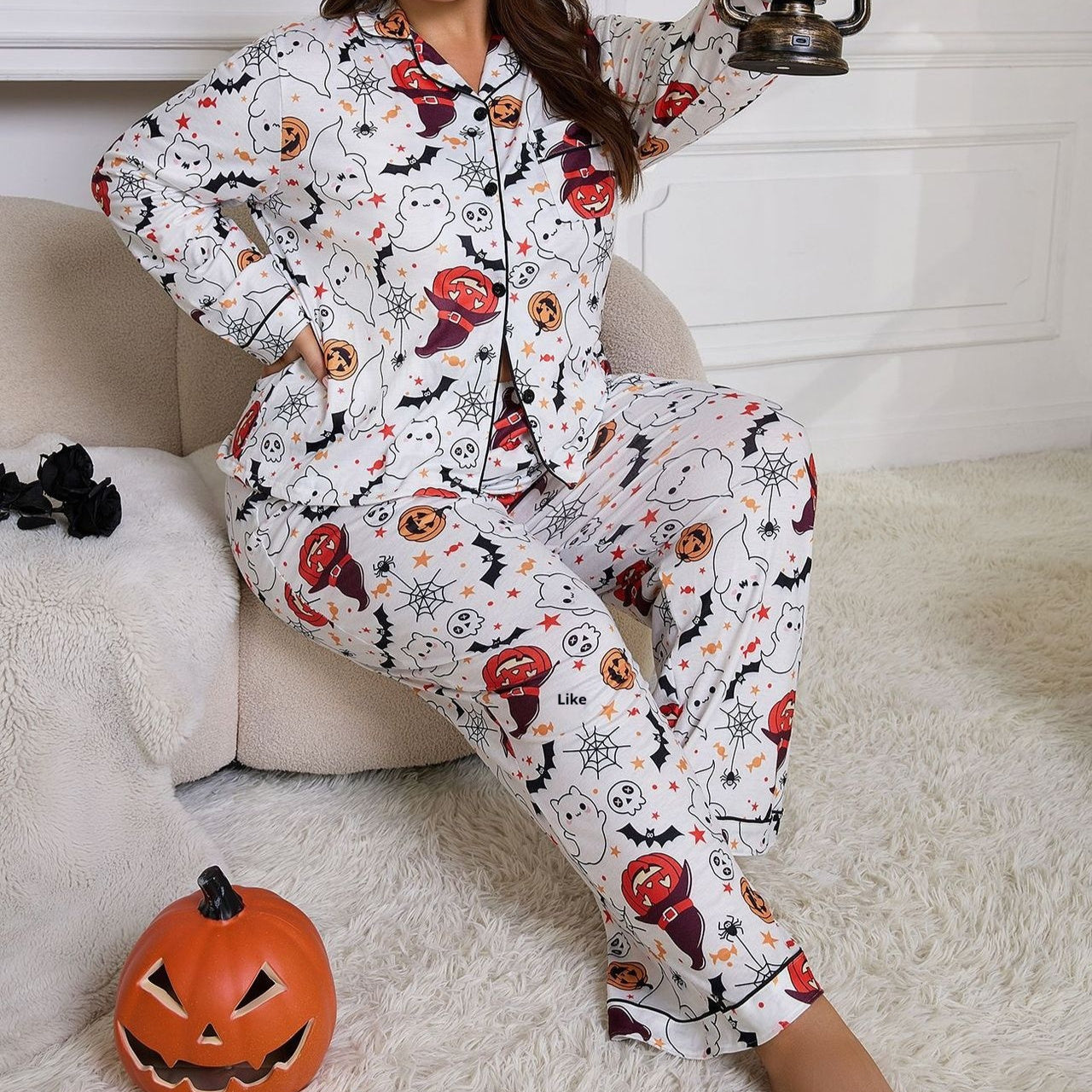 Women's Fat Woman Pajamas Cardigan Long Sleeve Pants Homewear Suit