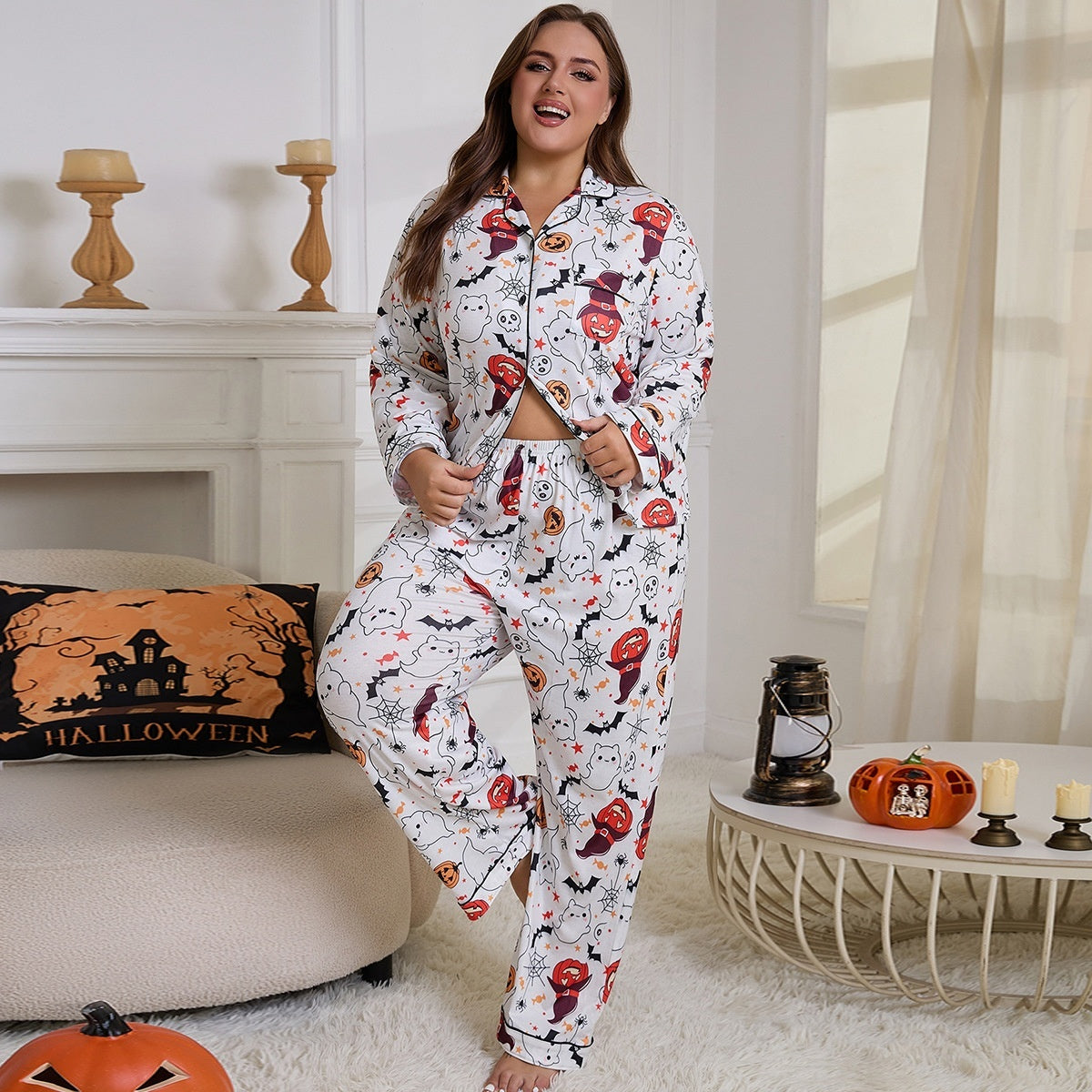 Women's Fat Woman Pajamas Cardigan Long Sleeve Pants Homewear Suit