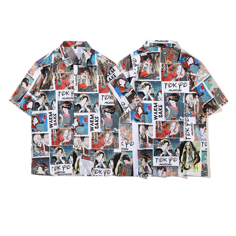 Wukong In Stock Japanese Retro Style Full Print Short-Sleeved Shirt Men