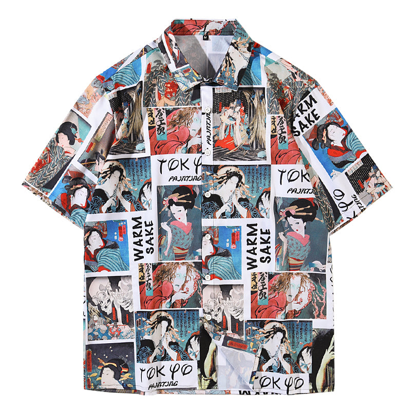 Wukong In Stock Japanese Retro Style Full Print Short-Sleeved Shirt Men