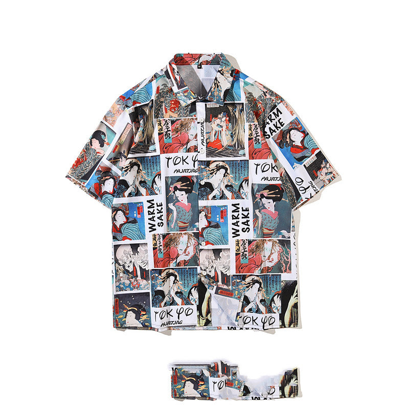 Wukong In Stock Japanese Retro Style Full Print Short-Sleeved Shirt Men