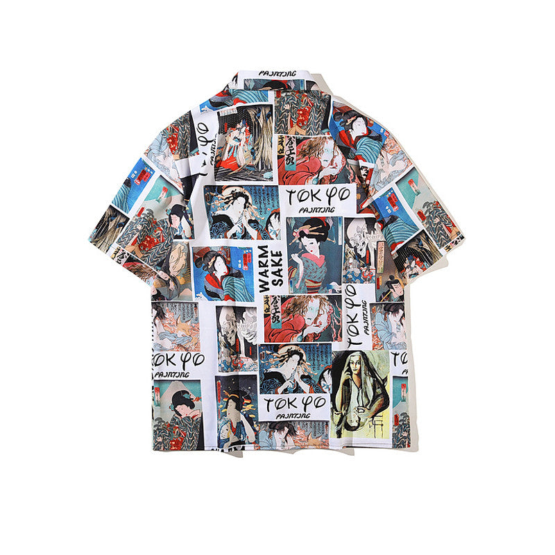 Wukong In Stock Japanese Retro Style Full Print Short-Sleeved Shirt Men