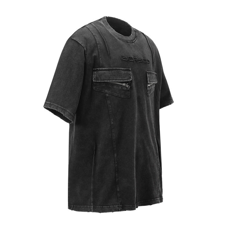 High Street Retro Workwear Zipper Pocket Decoration Washed Distressed Short Sleeve