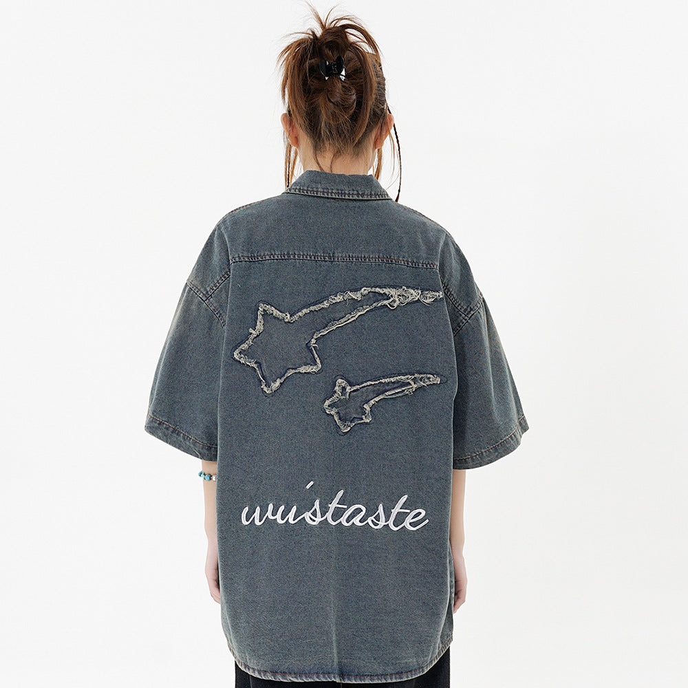 Fashion Punk Denim Short Sleeve Shirt Men