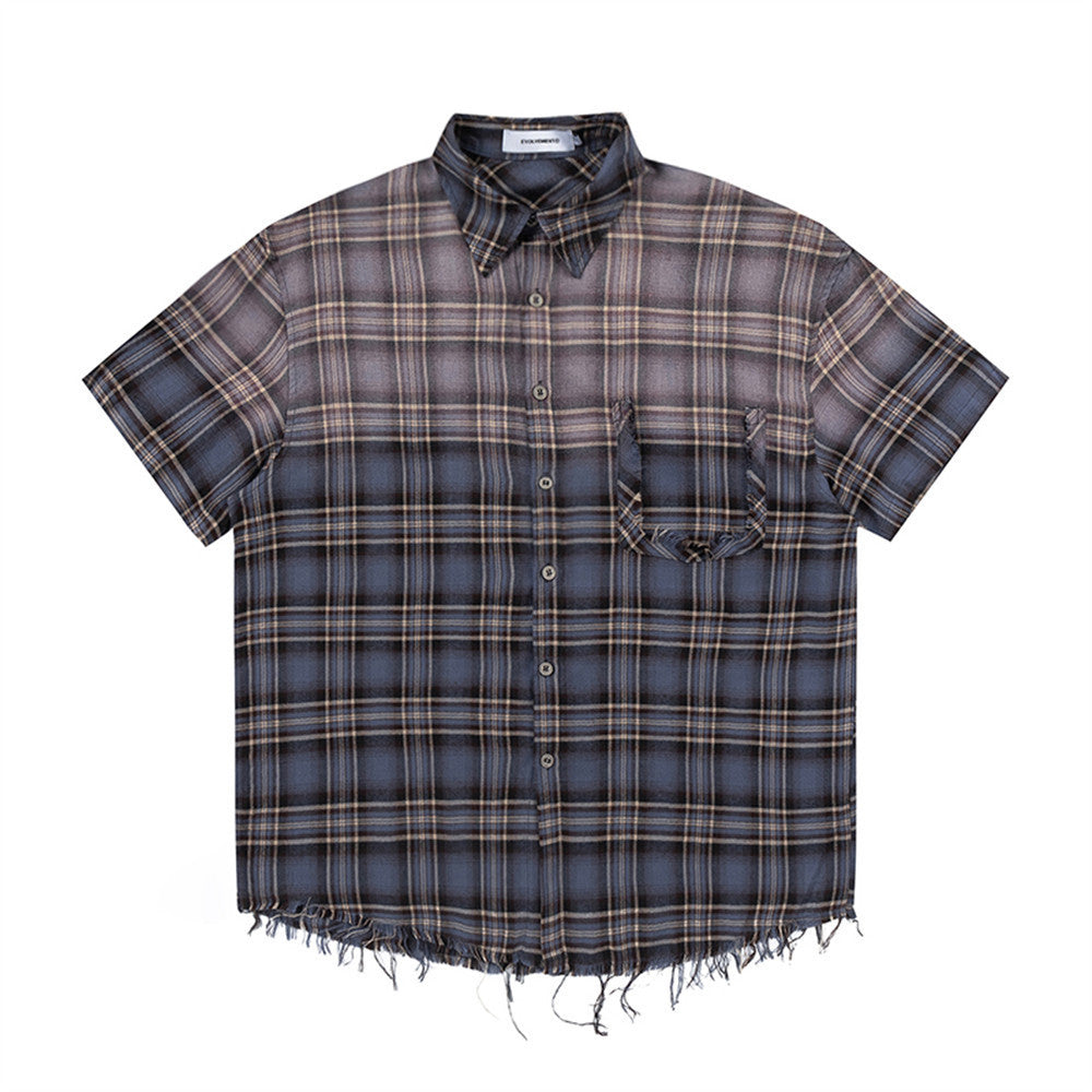 Gradient Short Sleeve Plaid Shirt Men